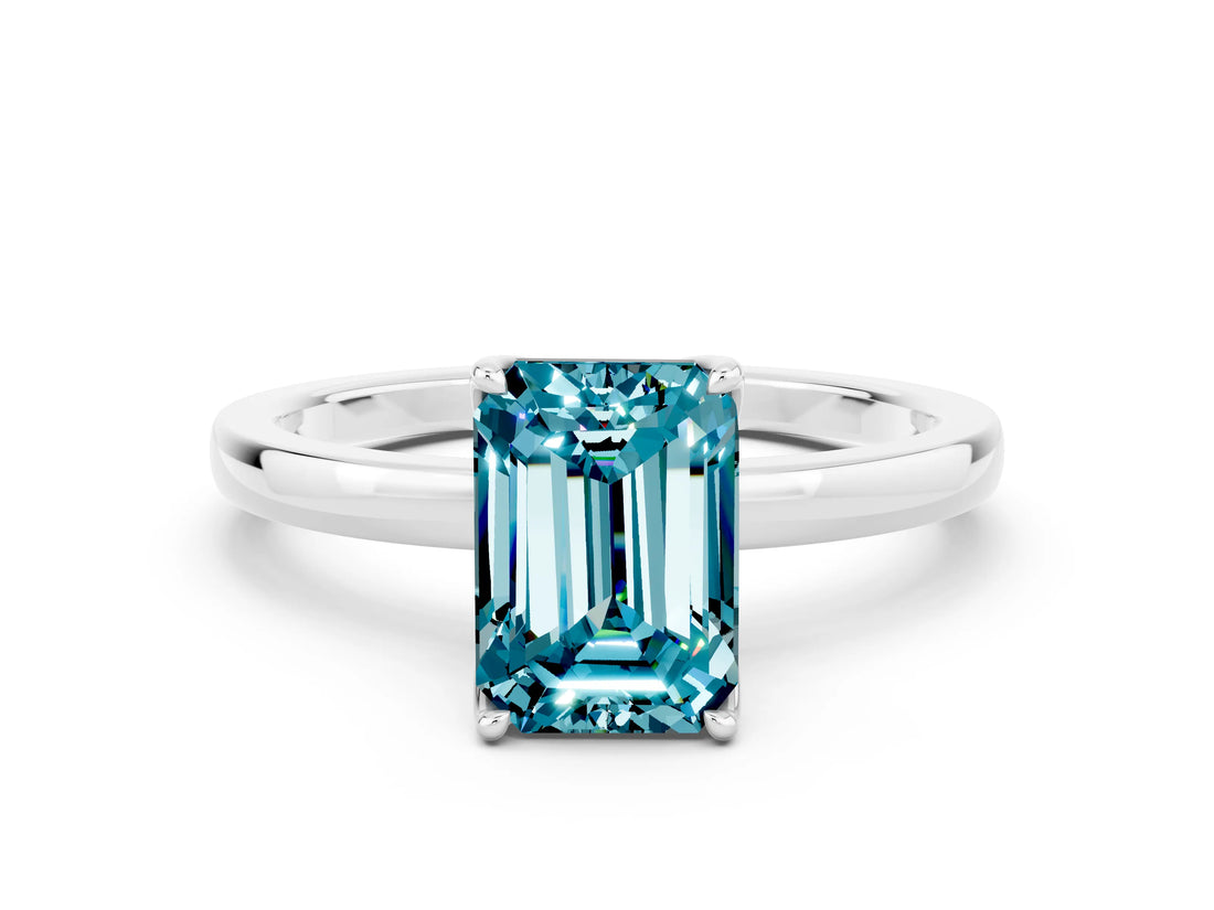 White gold Emerald Cut Blue Topaz Solitaire Ring with Thin Band and Prong Setting_12