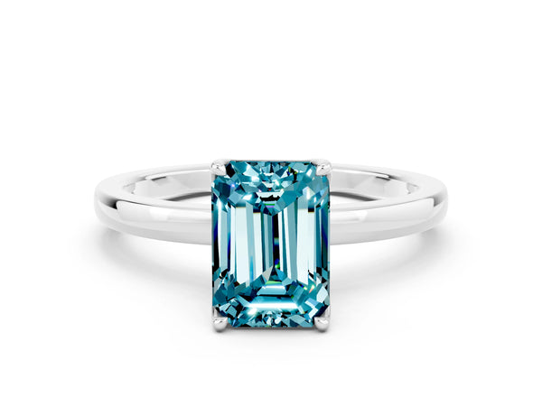 White gold Emerald Cut Blue Topaz Solitaire Ring with Thin Band and Prong Setting