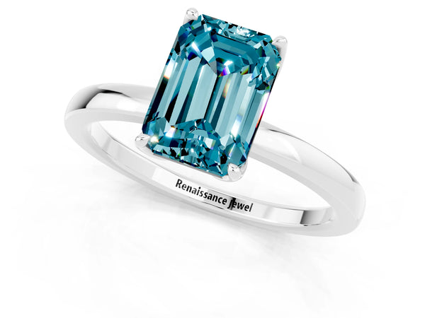 White gold Emerald Cut Blue Topaz Solitaire Ring with Thin Band and Prong Setting