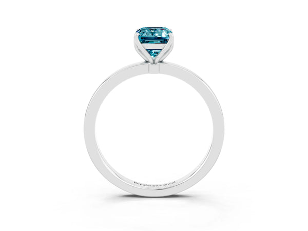 White gold Emerald Cut Blue Topaz Solitaire Ring with Thin Band and Prong Setting