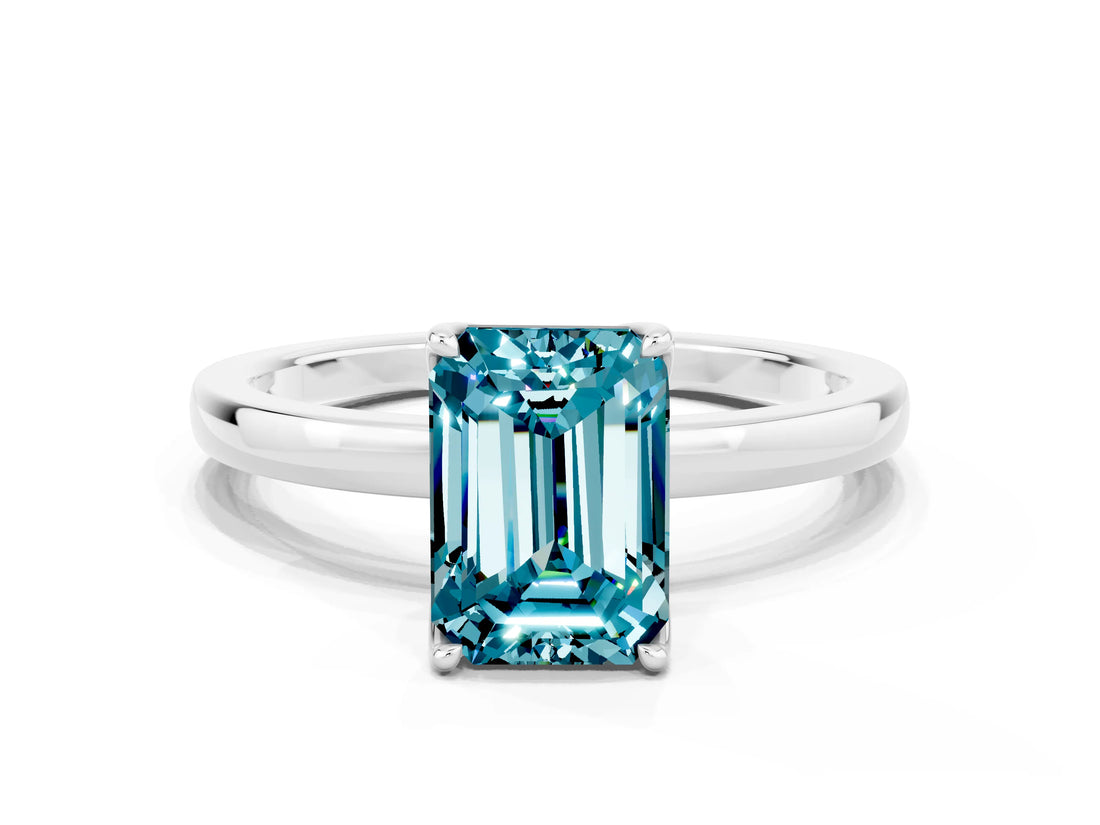 White gold Emerald Cut Blue Topaz Solitaire Ring with Thin Band and Prong Setting_36