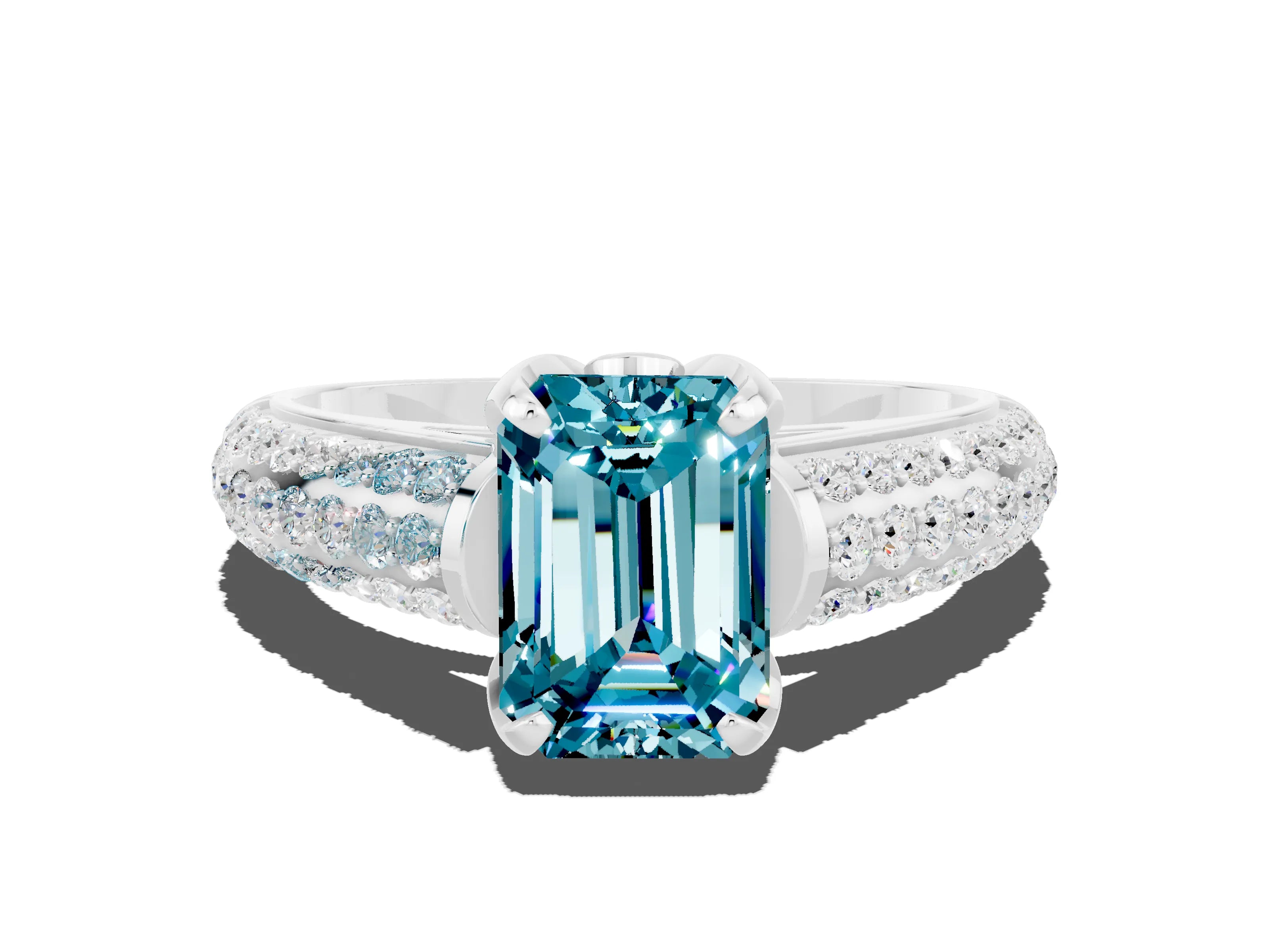 White gold Emerald Cut Blue Topaz Solitaire Ring with Three-Row Pavé Band and Four-Prong Setting_12