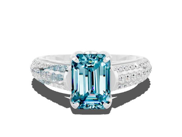 Platinum Emerald Cut Blue Topaz Solitaire Ring with Three-Row Pavé Band and Four-Prong Setting
