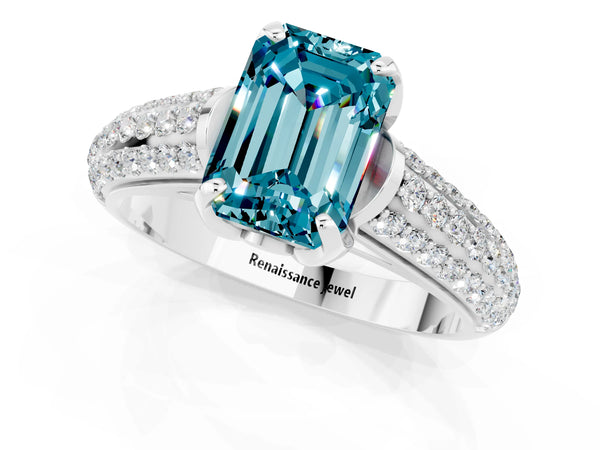 Platinum Emerald Cut Blue Topaz Solitaire Ring with Three-Row Pavé Band and Four-Prong Setting