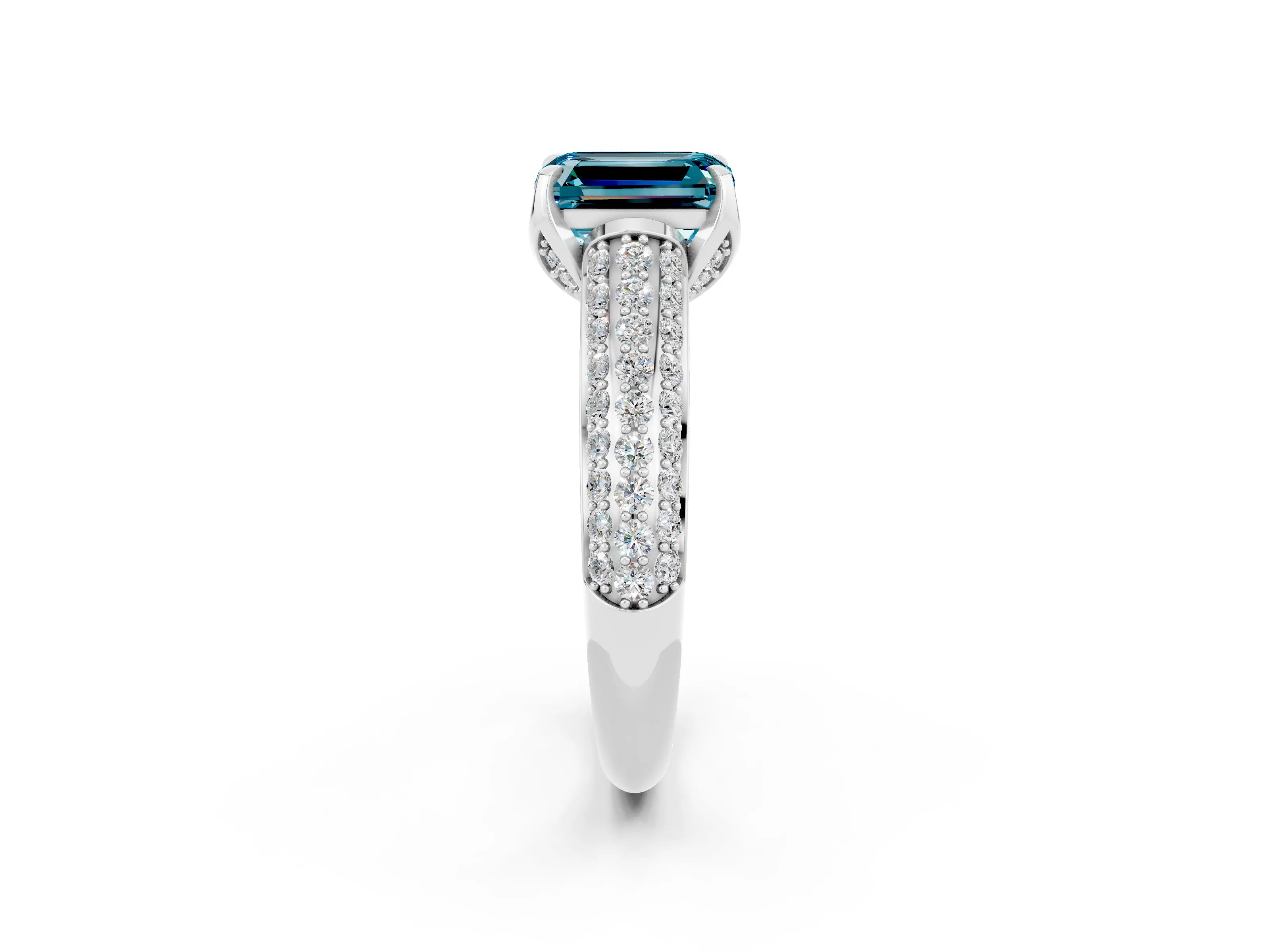 White gold Emerald Cut Blue Topaz Solitaire Ring with Three-Row Pavé Band and Four-Prong Setting_14