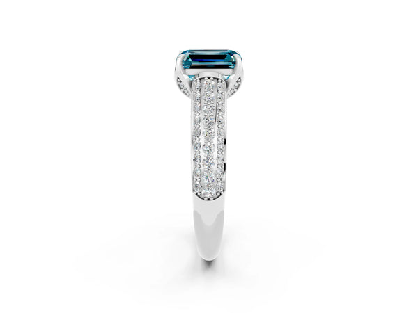 Silver Emerald Cut Blue Topaz Solitaire Ring with Three-Row Pavé Band and Four-Prong Setting