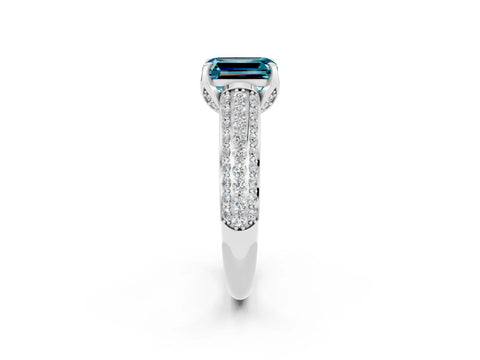 White gold Emerald Cut Blue Topaz Solitaire Ring with Three-Row Pavé Band and Four-Prong Setting_14
