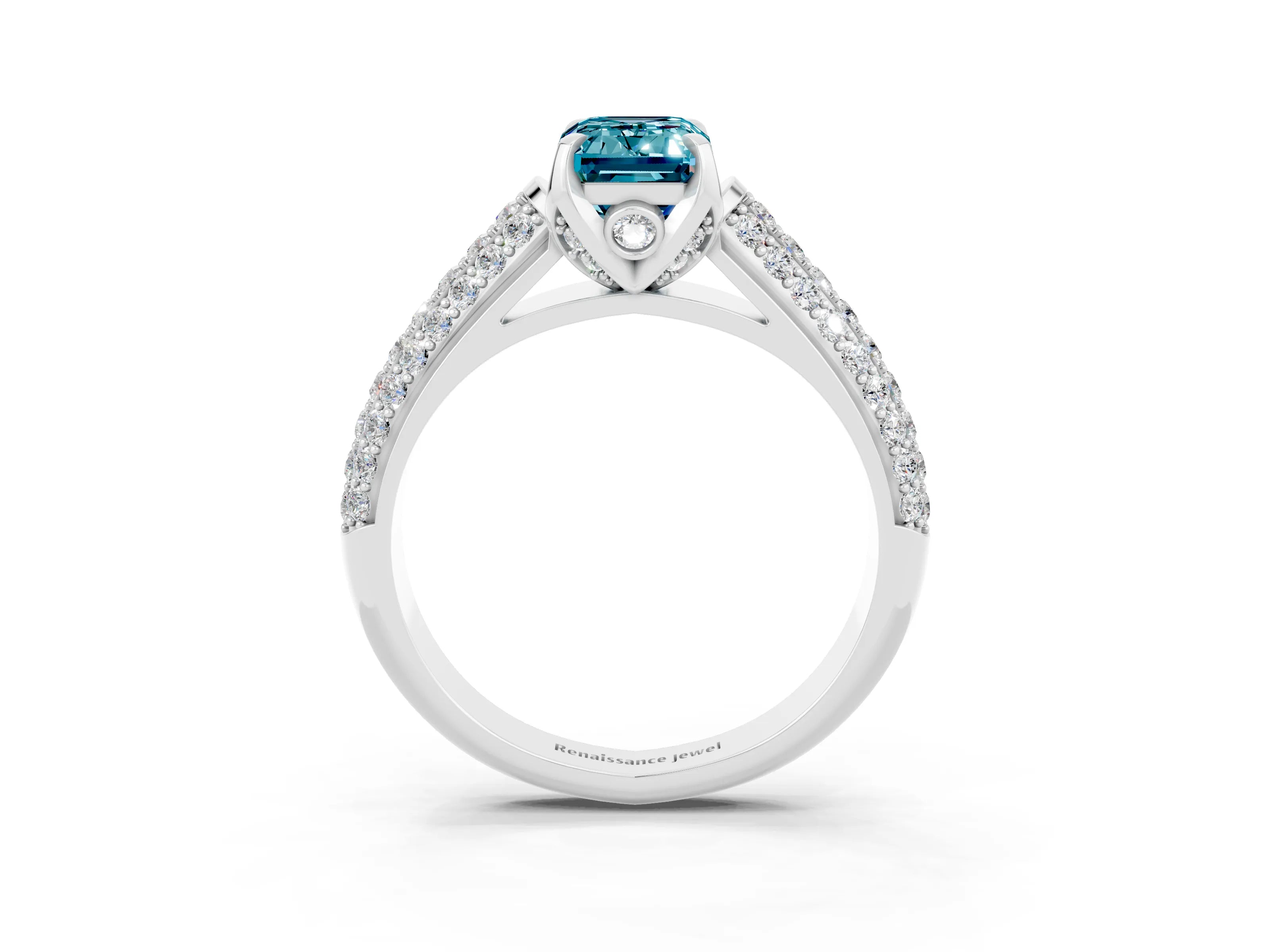 White gold Emerald Cut Blue Topaz Solitaire Ring with Three-Row Pavé Band and Four-Prong Setting_15