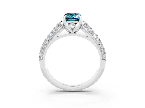 White gold Emerald Cut Blue Topaz Solitaire Ring with Three-Row Pavé Band and Four-Prong Setting_15