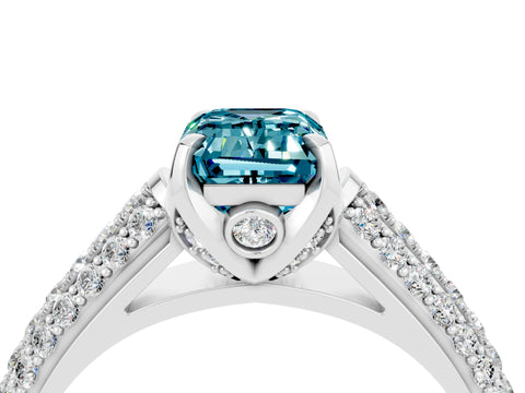 White gold Emerald Cut Blue Topaz Solitaire Ring with Three-Row Pavé Band and Four-Prong Setting_16