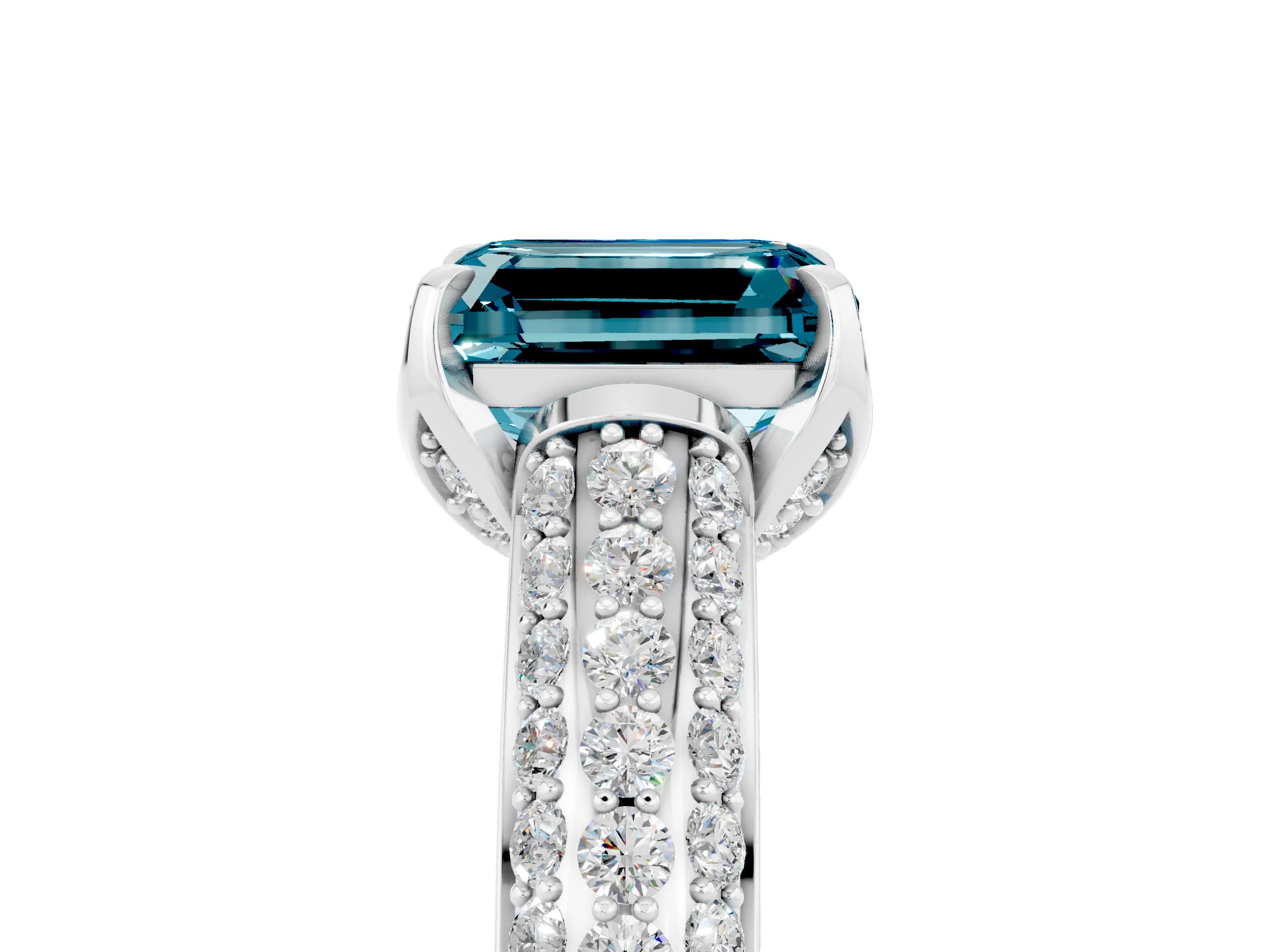 White gold Emerald Cut Blue Topaz Solitaire Ring with Three-Row Pavé Band and Four-Prong Setting_17
