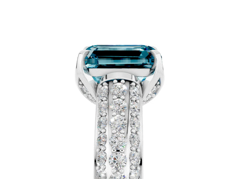 White gold Emerald Cut Blue Topaz Solitaire Ring with Three-Row Pavé Band and Four-Prong Setting_17