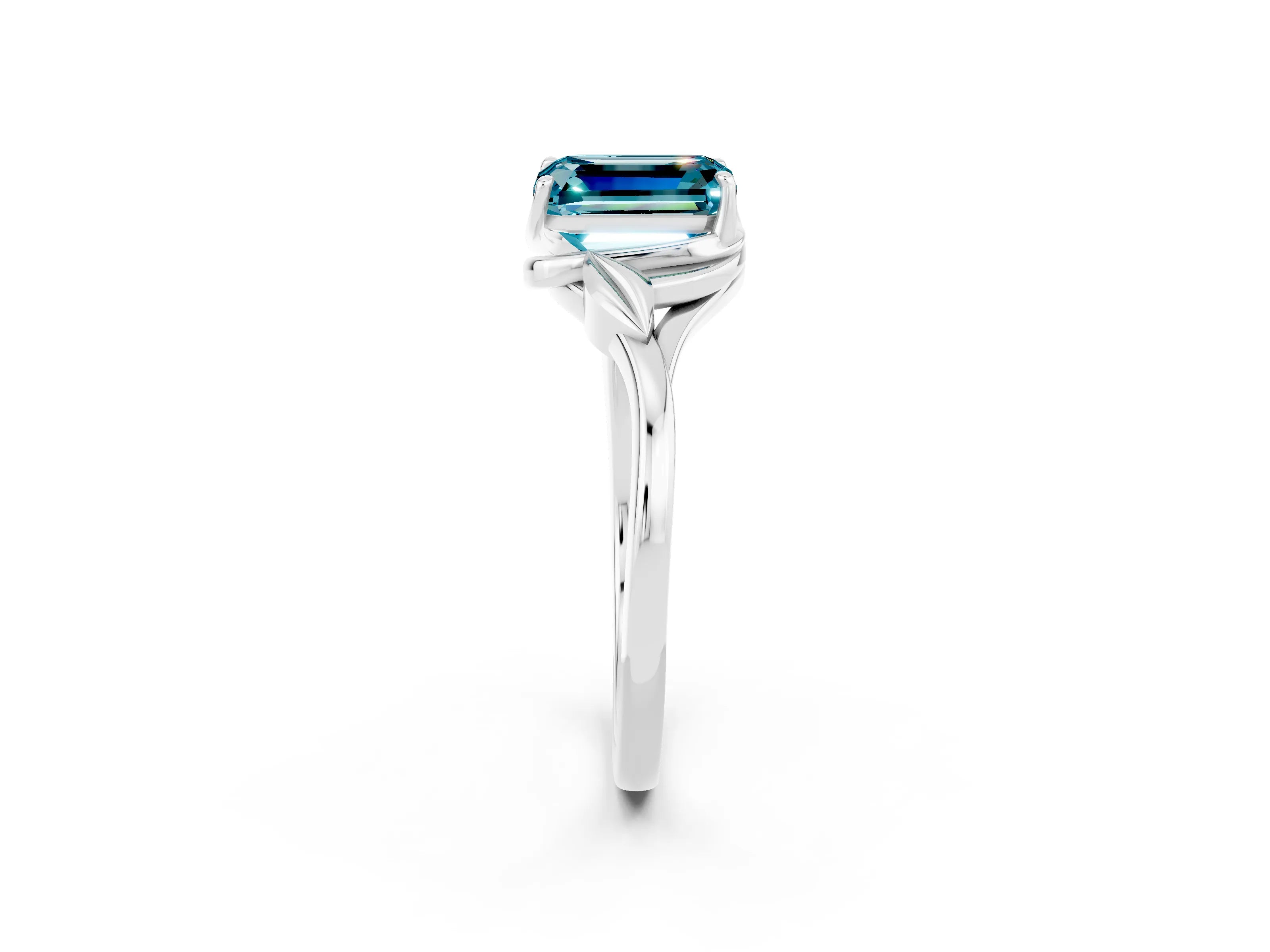 White gold Emerald Cut Blue Topaz Solitaire Ring with Twist Band and Four-Prong Setting_14