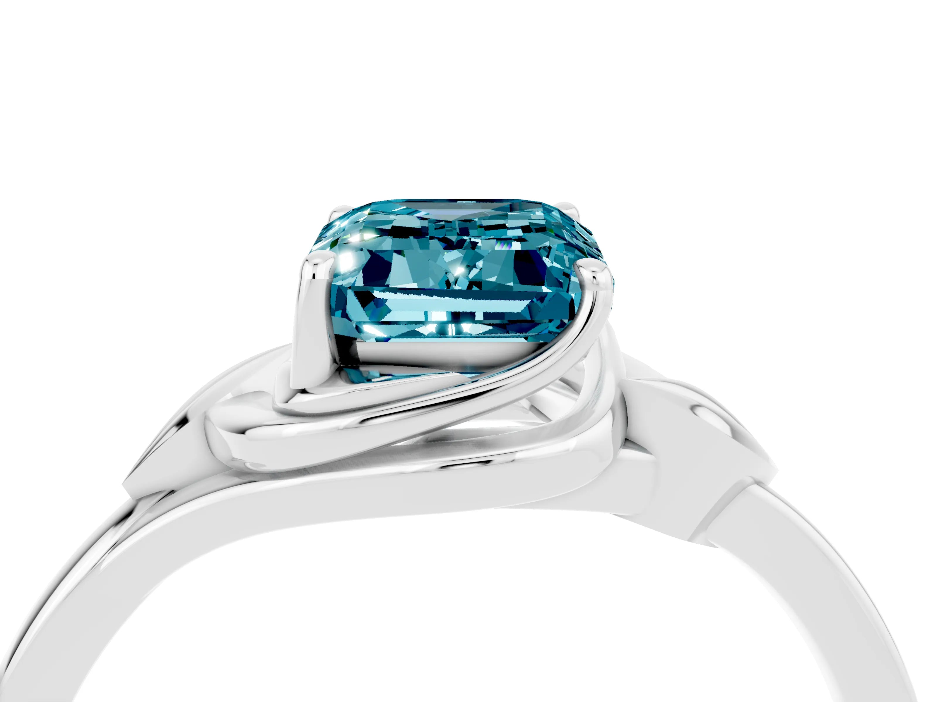 White gold Emerald Cut Blue Topaz Solitaire Ring with Twist Band and Four-Prong Setting_16