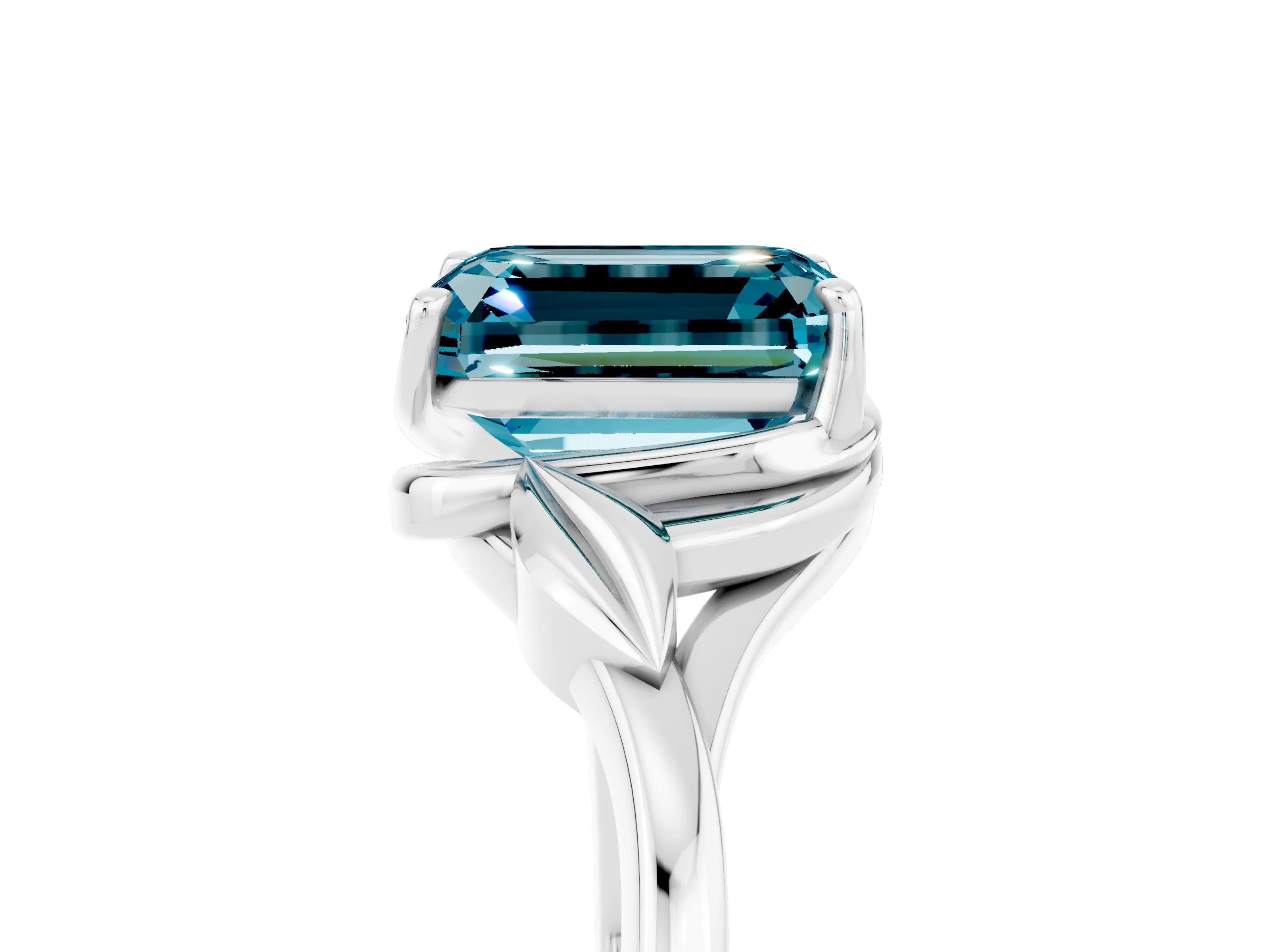 White gold Emerald Cut Blue Topaz Solitaire Ring with Twist Band and Four-Prong Setting_17