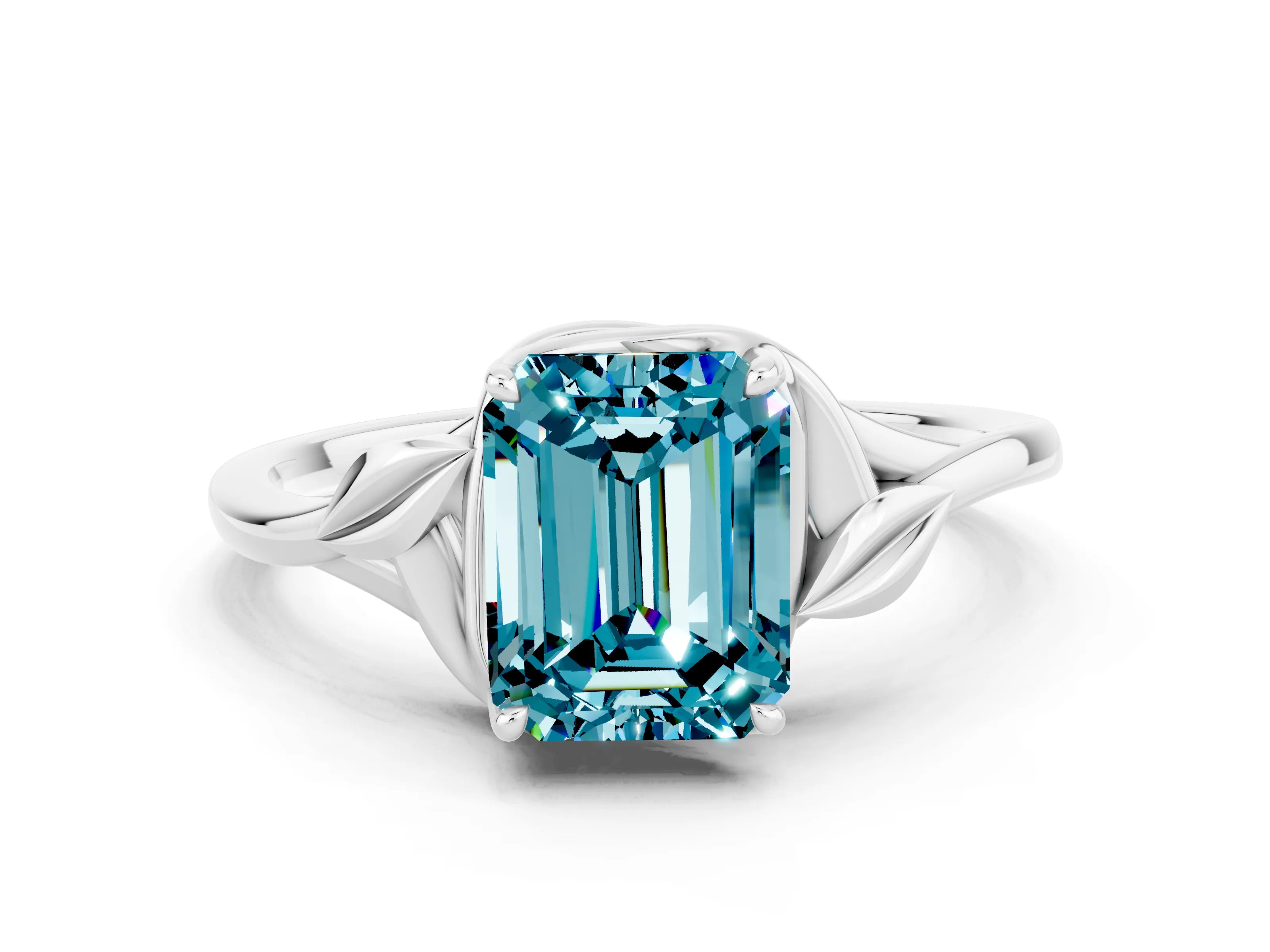 White gold Emerald Cut Blue Topaz Solitaire Ring with Twist Band and Four-Prong Setting_36
