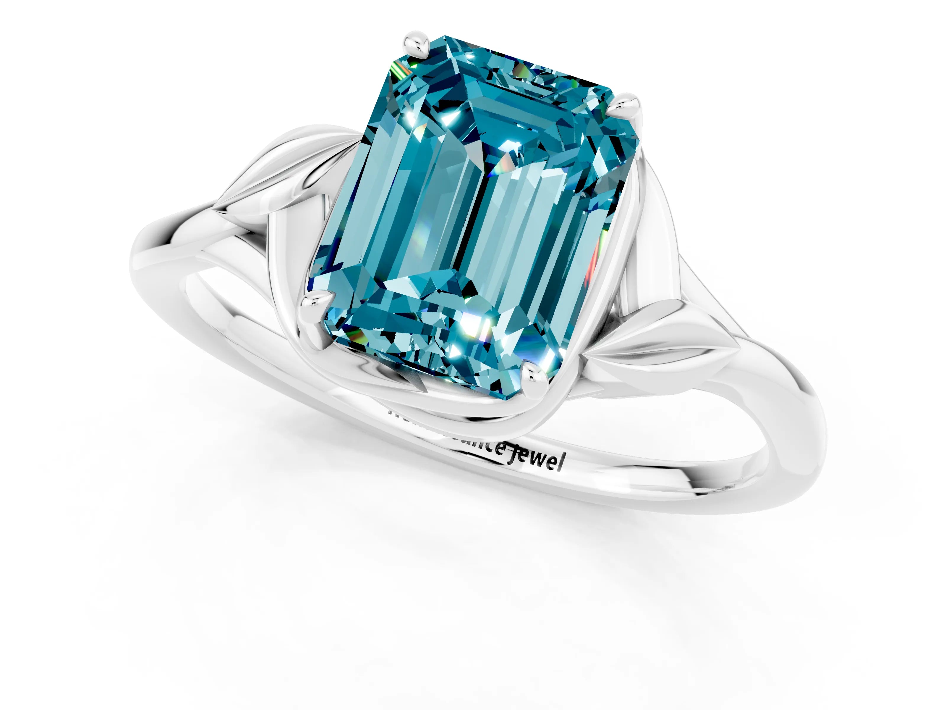 White gold Emerald Cut Blue Topaz Solitaire Ring with Twist Band and Four-Prong Setting_37