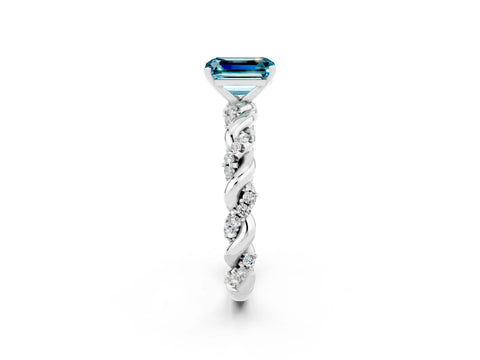 White gold Emerald Cut Blue Topaz Solitaire Ring with Twisted Band and Pavé Accents_2