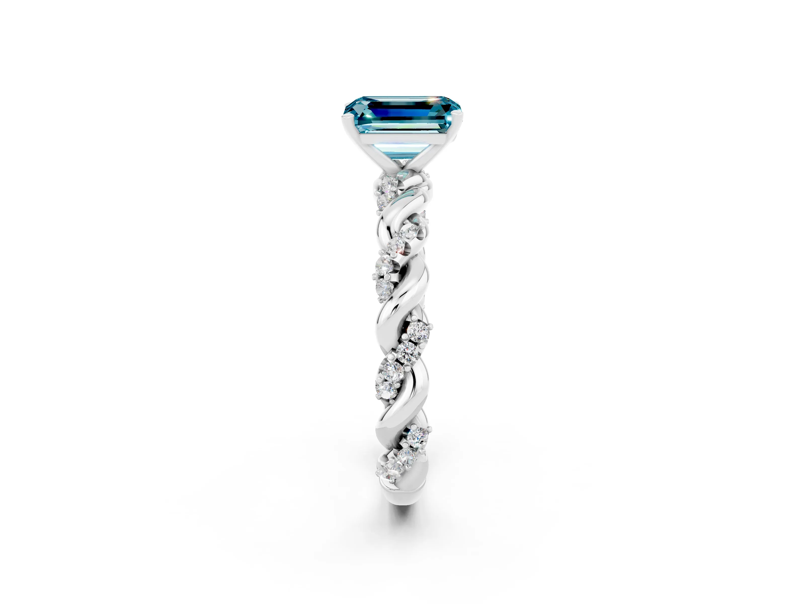 White gold Emerald Cut Blue Topaz Solitaire Ring with Twisted Band and Pavé Accents_2
