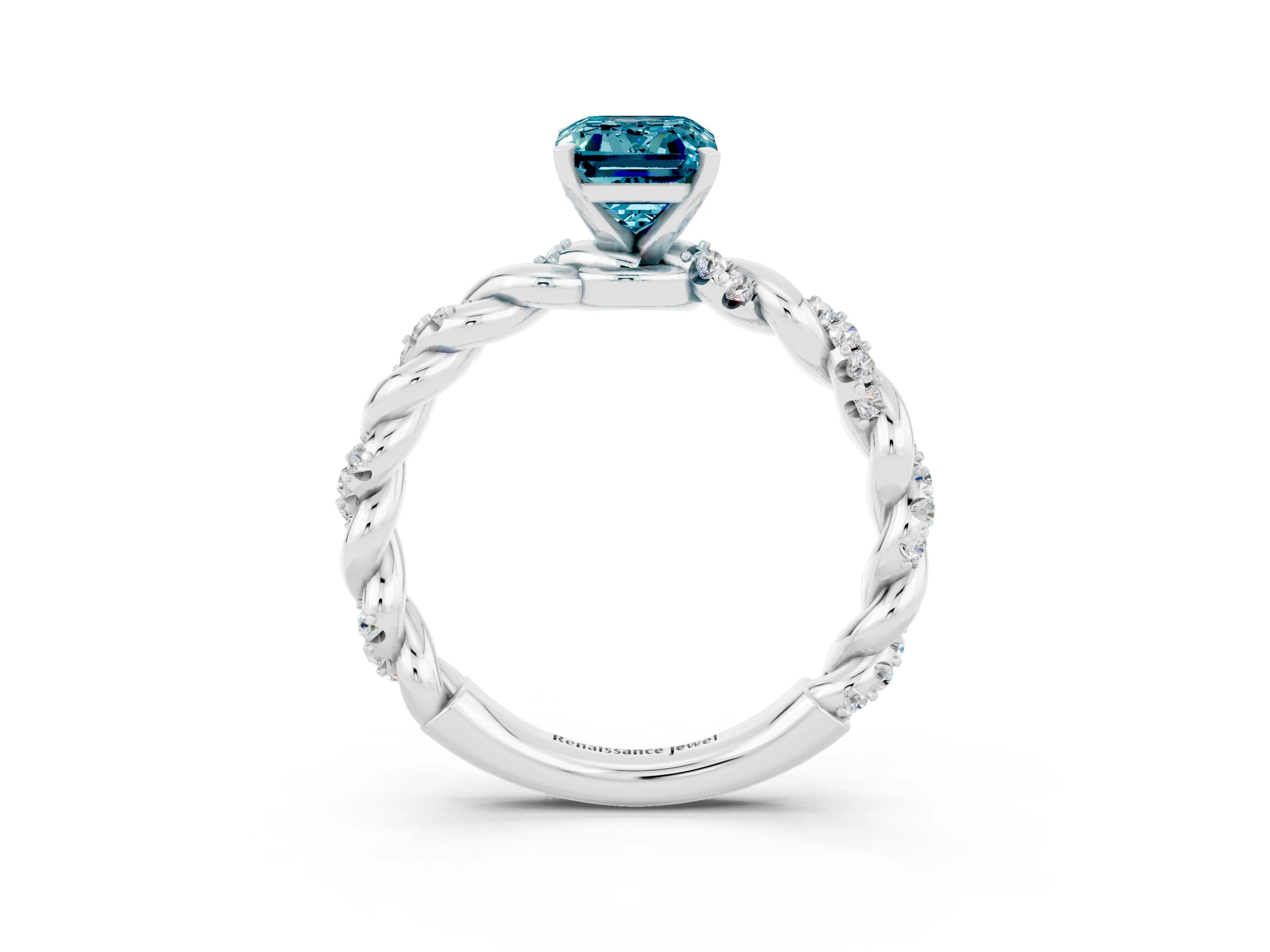 White gold Emerald Cut Blue Topaz Solitaire Ring with Twisted Band and Pavé Accents_3