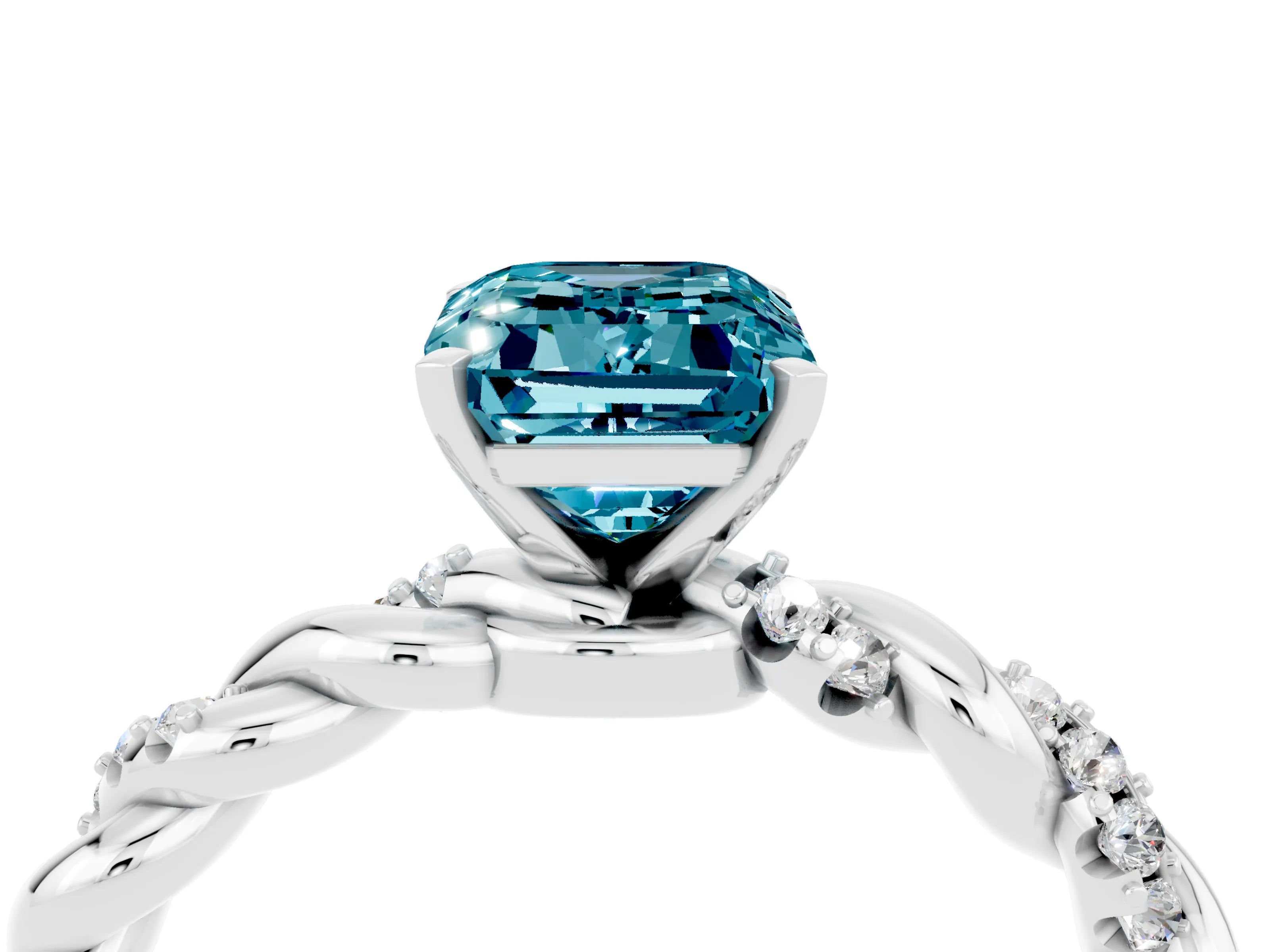 White gold Emerald Cut Blue Topaz Solitaire Ring with Twisted Band and Pavé Accents_4