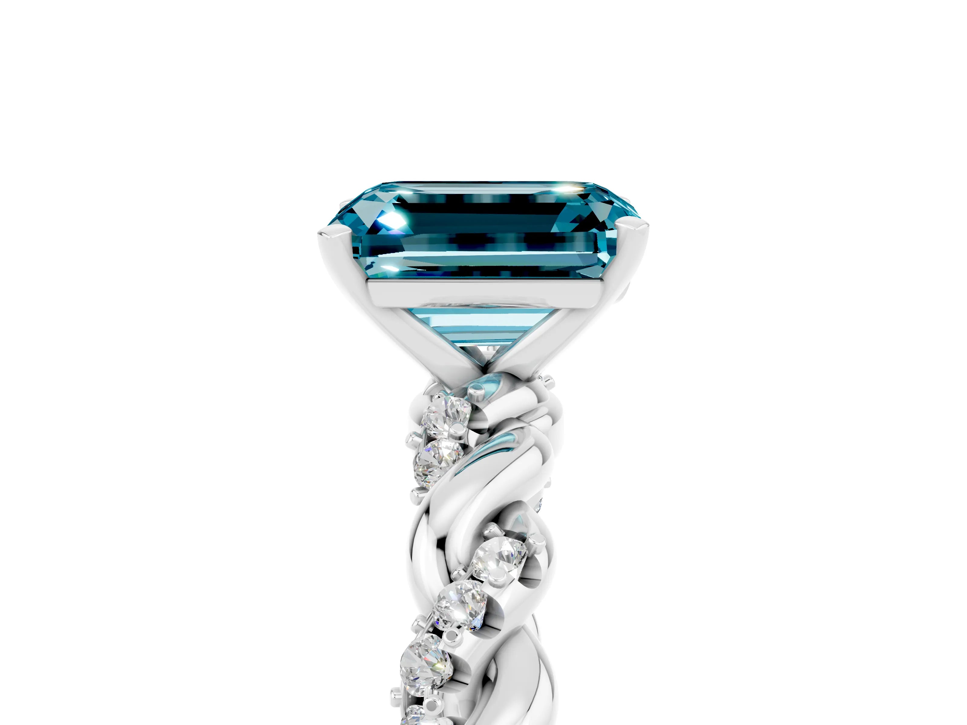 White gold Emerald Cut Blue Topaz Solitaire Ring with Twisted Band and Pavé Accents_5