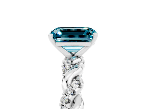 White gold Emerald Cut Blue Topaz Solitaire Ring with Twisted Band and Pavé Accents_5