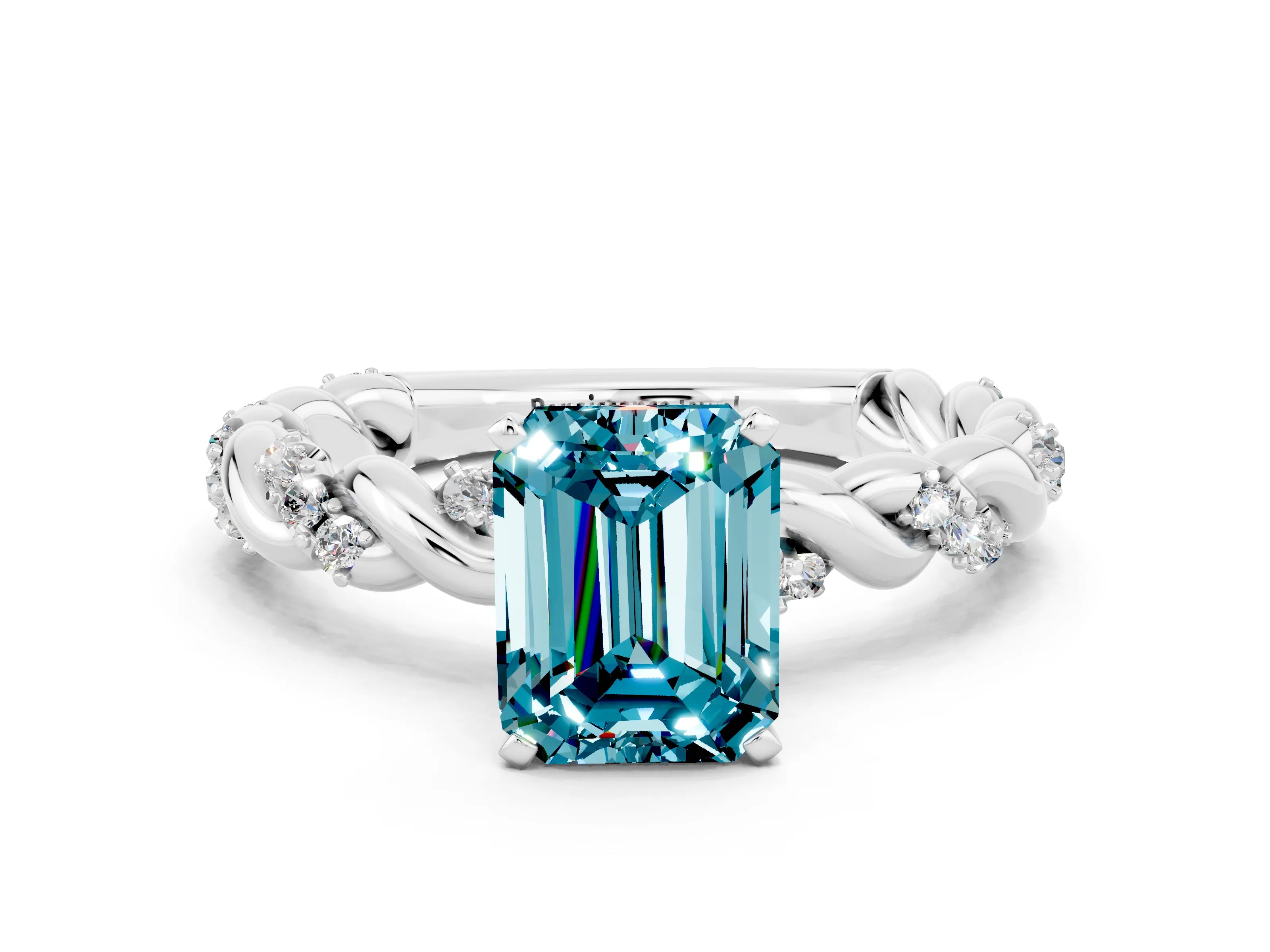 White gold Emerald Cut Blue Topaz Solitaire Ring with Twisted Band and Pavé Accents