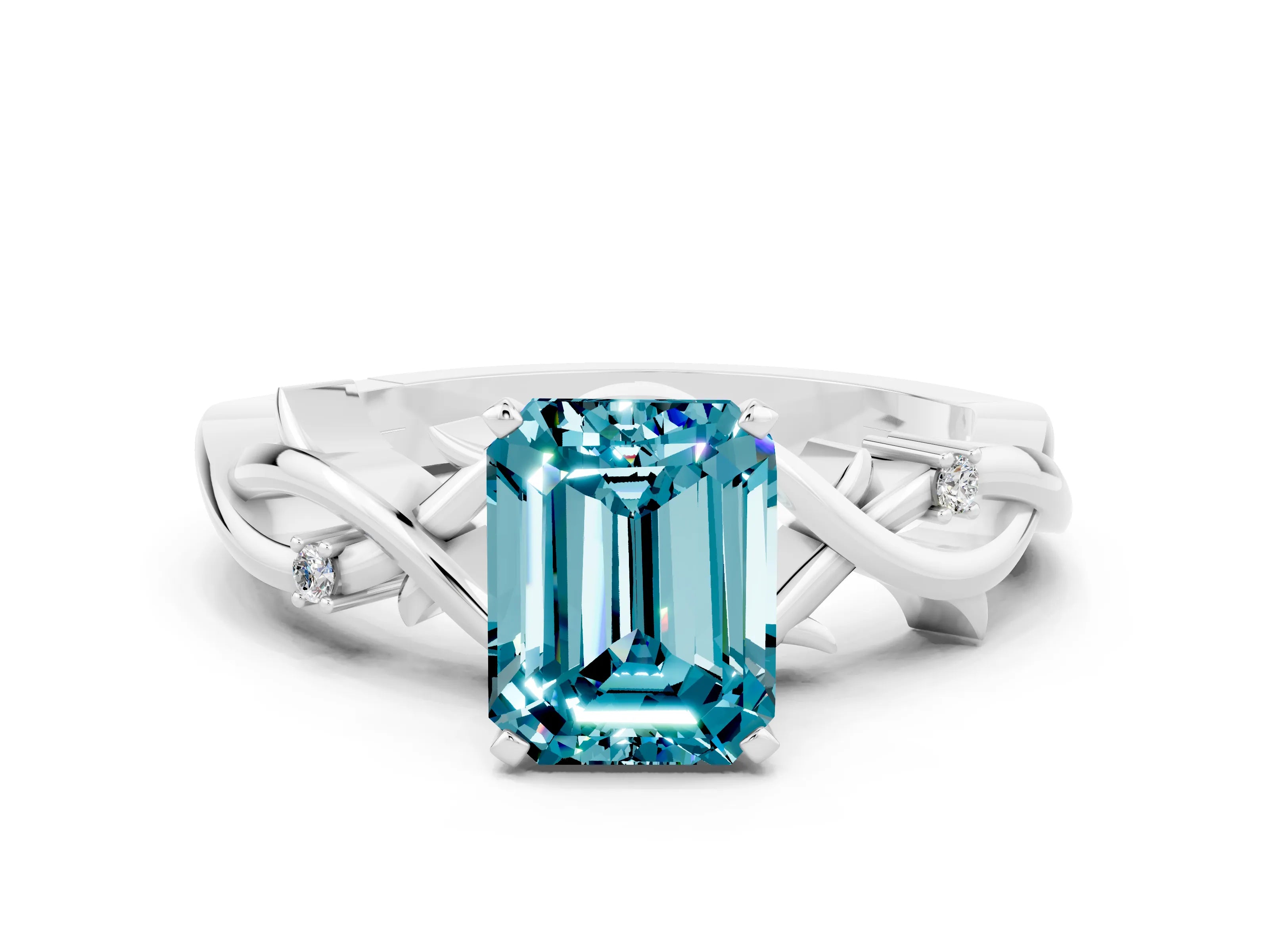 White gold Emerald Cut Blue Topaz Solitaire Ring with Twisted Band and Prong Setting