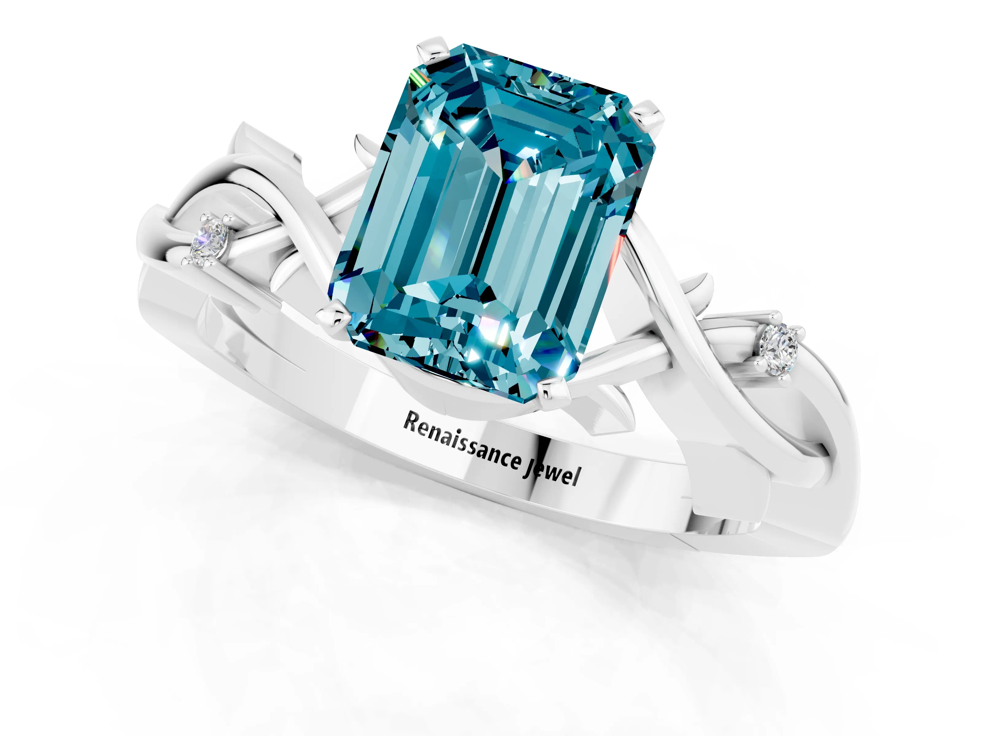 White gold Emerald Cut Blue Topaz Solitaire Ring with Twisted Band and Prong Setting_13
