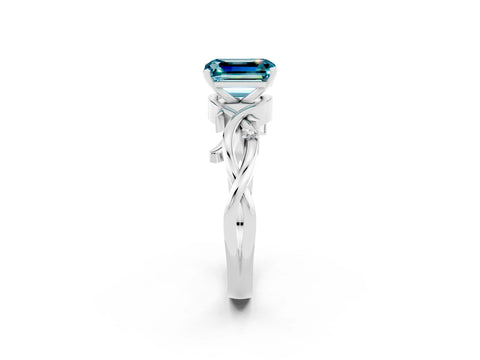 White gold Emerald Cut Blue Topaz Solitaire Ring with Twisted Band and Prong Setting_14
