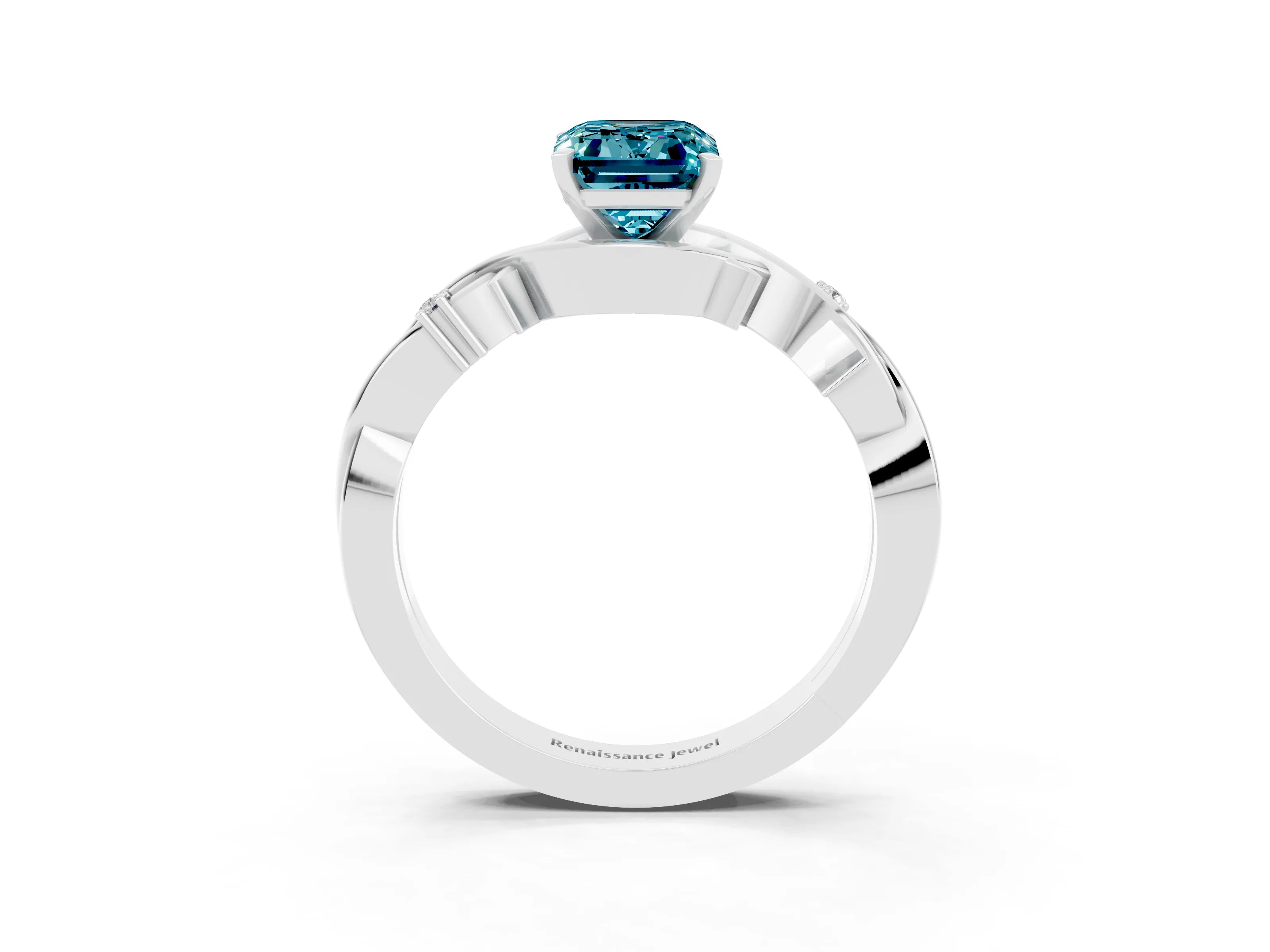 White gold Emerald Cut Blue Topaz Solitaire Ring with Twisted Band and Prong Setting_15