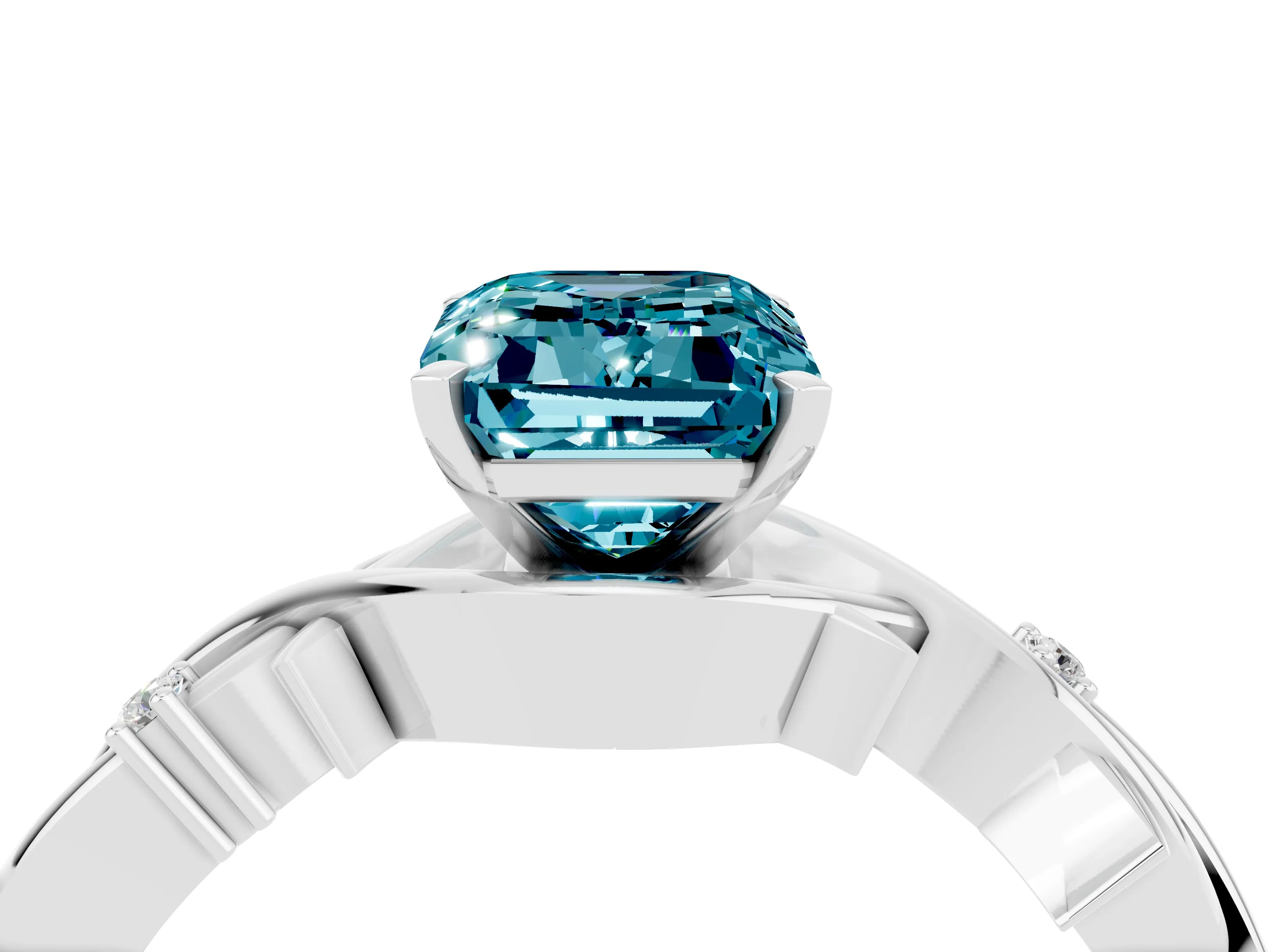 White gold Emerald Cut Blue Topaz Solitaire Ring with Twisted Band and Prong Setting_16
