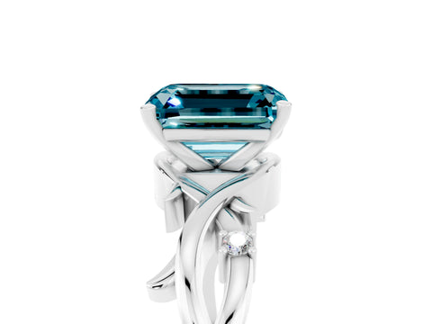 White gold Emerald Cut Blue Topaz Solitaire Ring with Twisted Band and Prong Setting_5