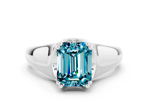 Platinum Emerald Cut Blue Topaz Solitaire Ring with Wide Band and Prong Setting
