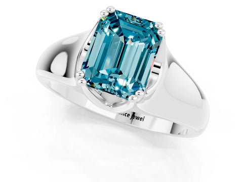 White gold Emerald Cut Blue Topaz Solitaire Ring with Wide Band and Prong Setting_1