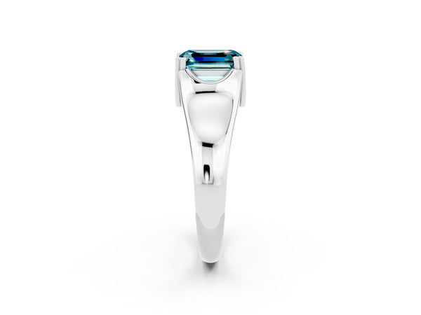 Platinum Emerald Cut Blue Topaz Solitaire Ring with Wide Band and Prong Setting