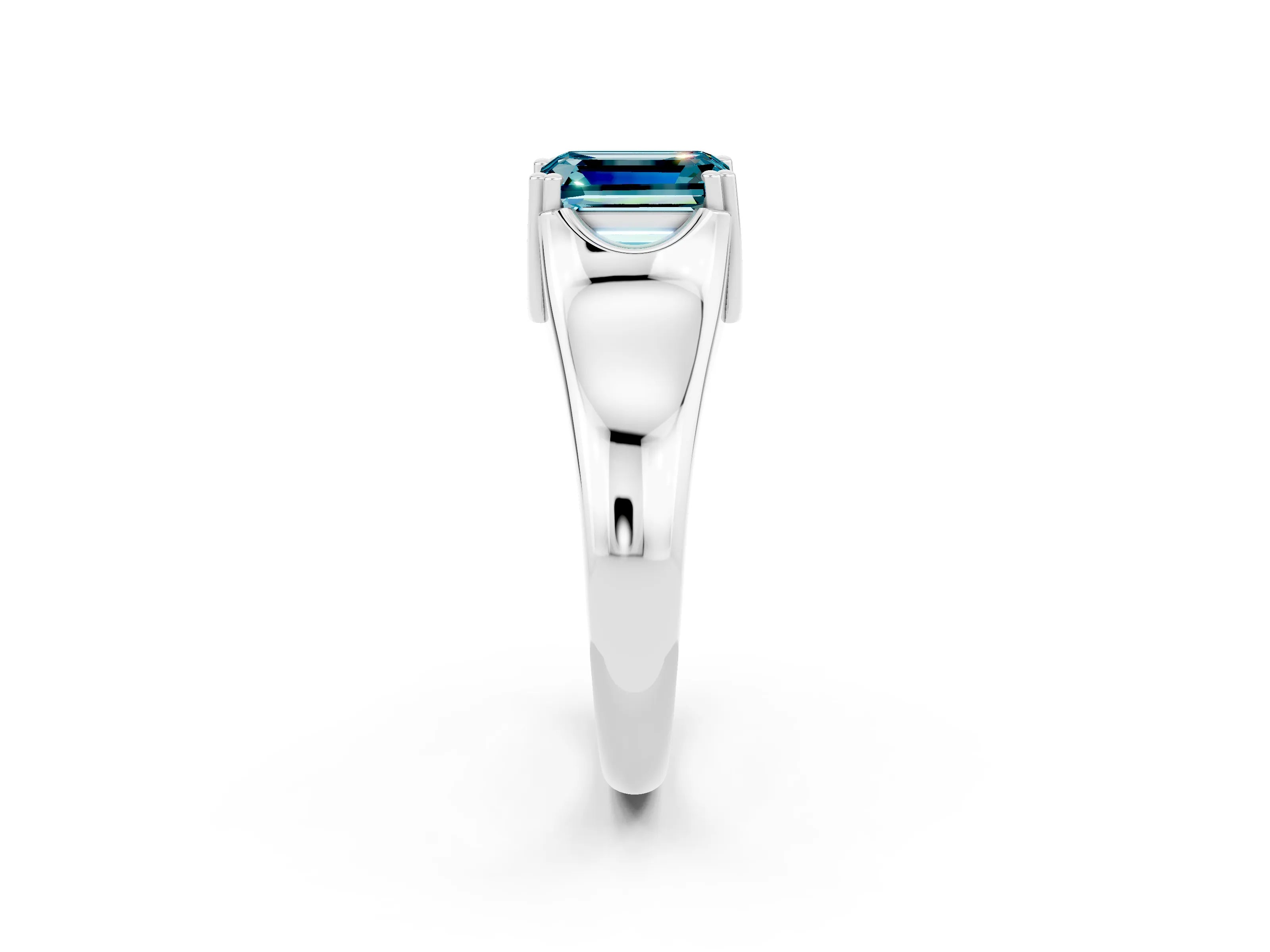 White gold Emerald Cut Blue Topaz Solitaire Ring with Wide Band and Prong Setting_2