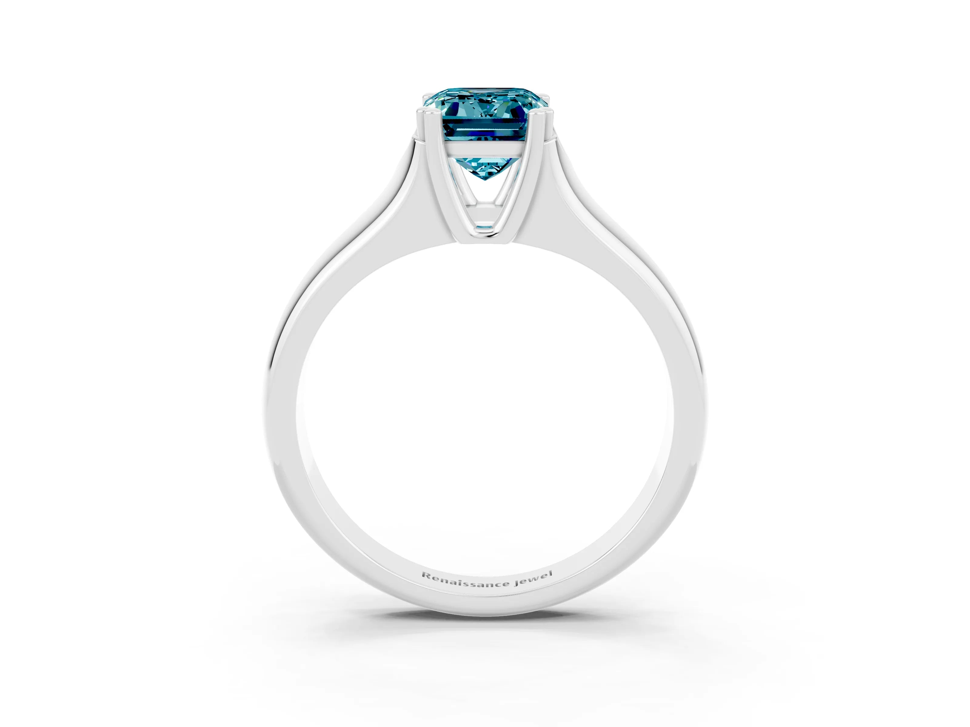 White gold Emerald Cut Blue Topaz Solitaire Ring with Wide Band and Prong Setting_3
