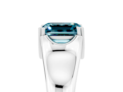 White gold Emerald Cut Blue Topaz Solitaire Ring with Wide Band and Prong Setting_5