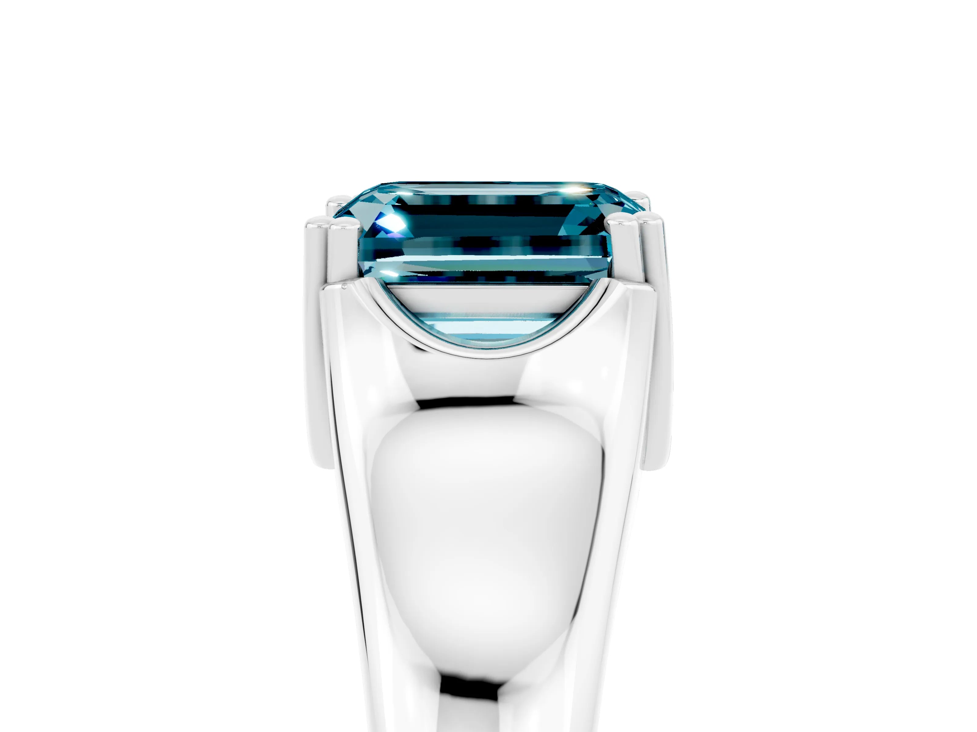 White gold Emerald Cut Blue Topaz Solitaire Ring with Wide Band and Prong Setting_5
