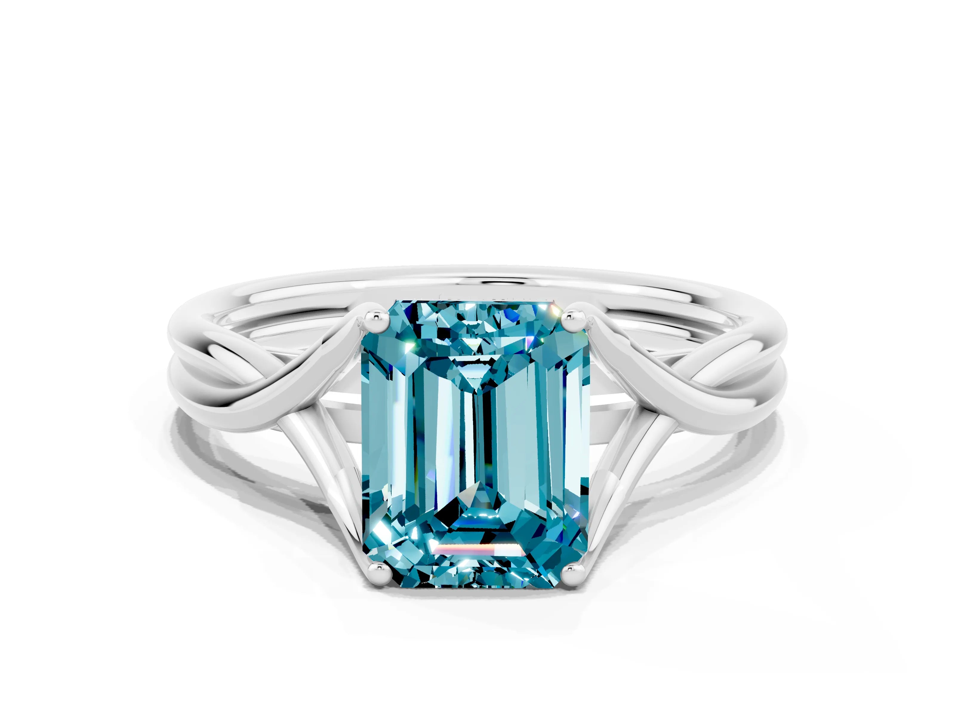 White gold Emerald Cut Blue Topaz Solitaire Twist Band Prong Setting Ring_78