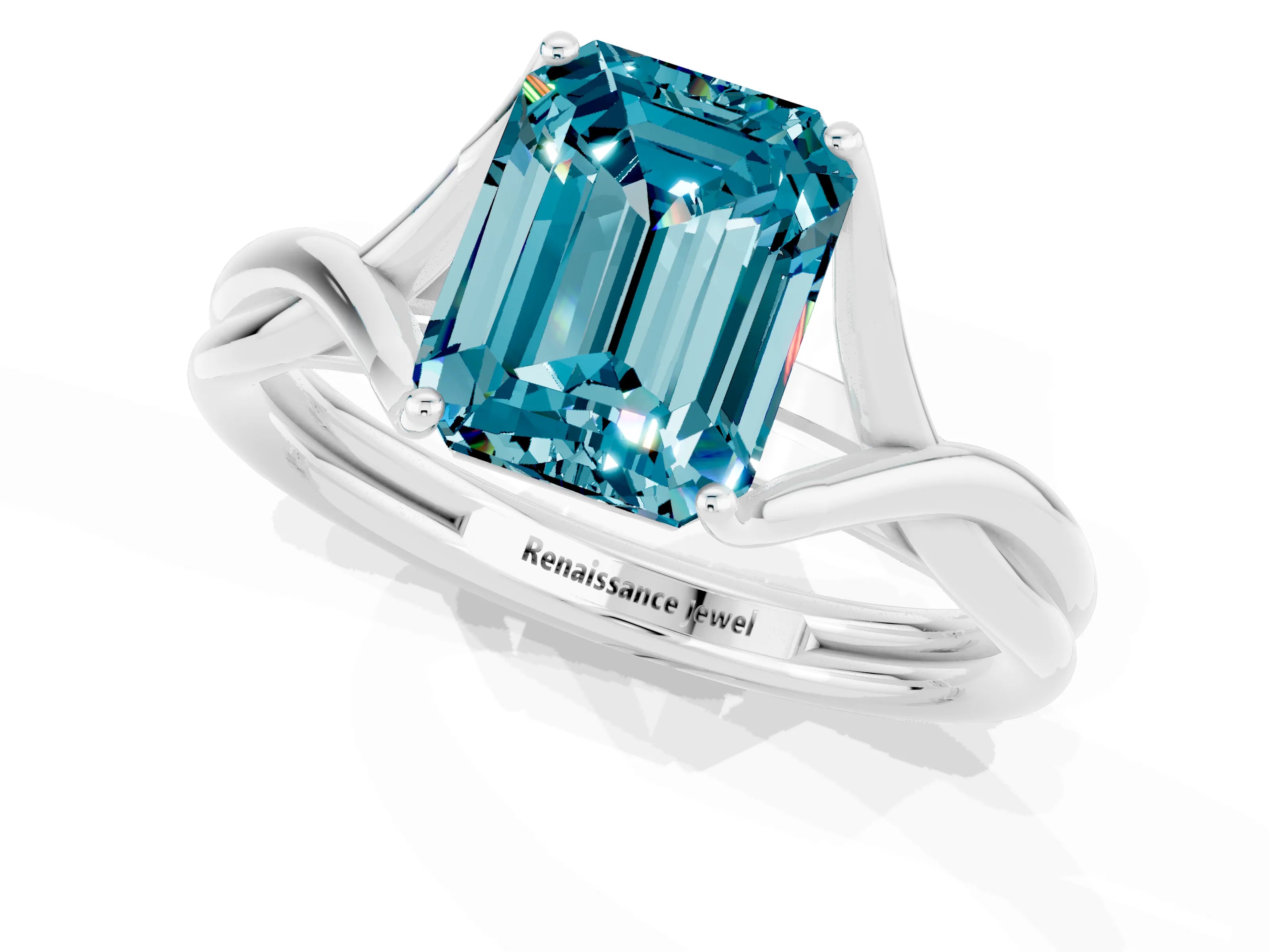 White gold Emerald Cut Blue Topaz Solitaire Twist Band Prong Setting Ring_84