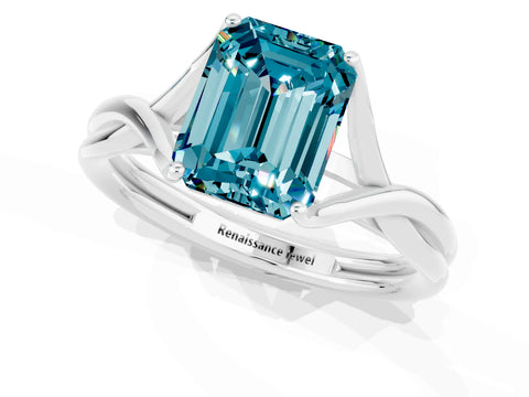 White gold Emerald Cut Blue Topaz Solitaire Twist Band Prong Setting Ring_84
