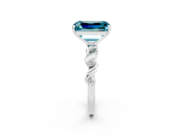White gold Emerald Cut Blue Topaz Solitaire Twisted Band with Round  Accents and Prong Setting