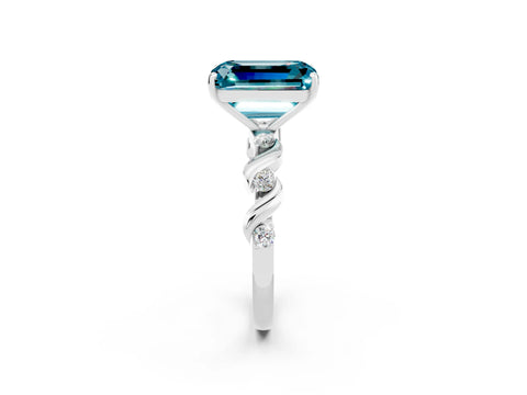 White gold Emerald Cut Blue Topaz Solitaire Twisted Band with Round  Accents and Prong Setting_14