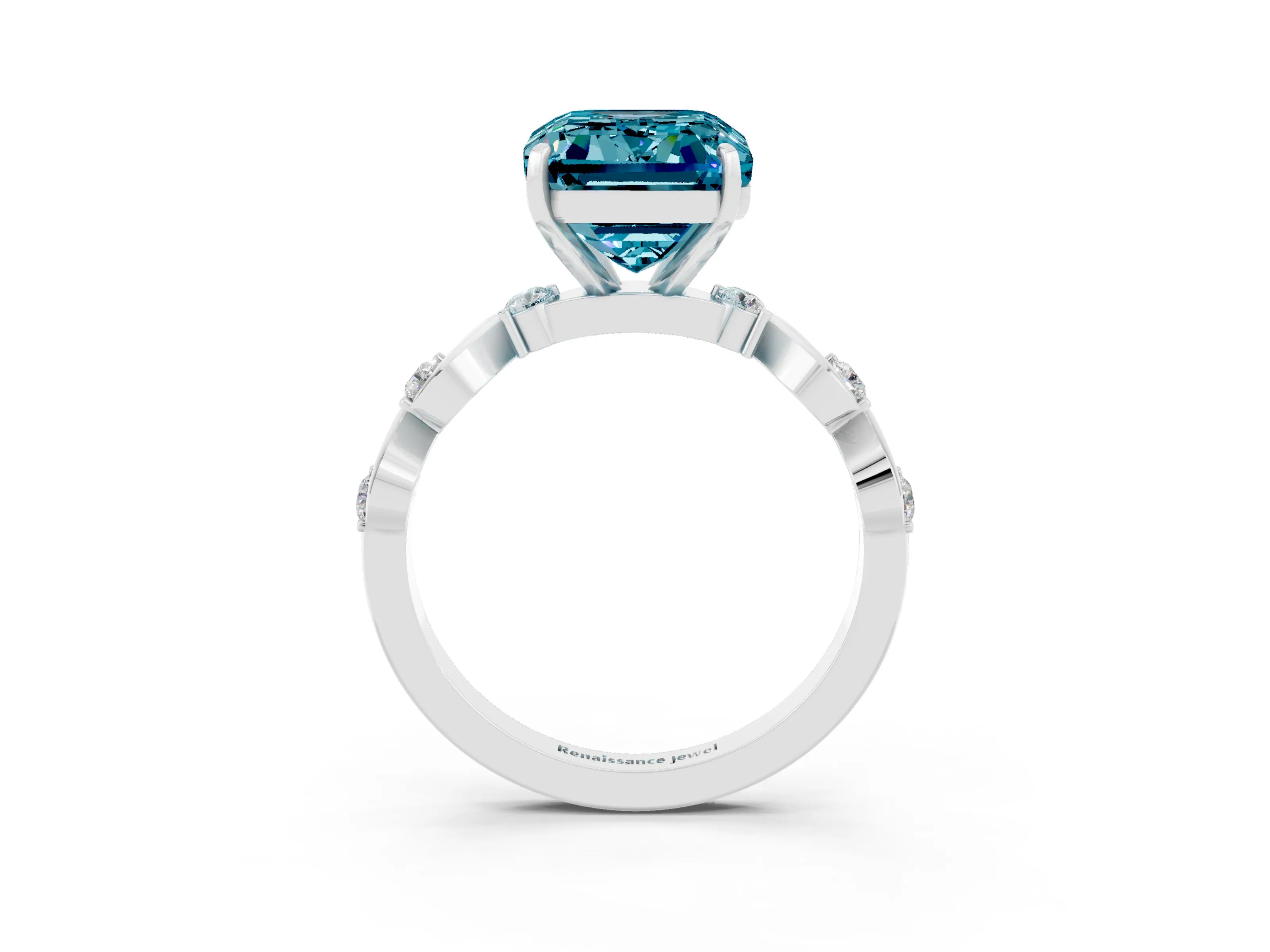 White gold Emerald Cut Blue Topaz Solitaire Twisted Band with Round  Accents and Prong Setting_15