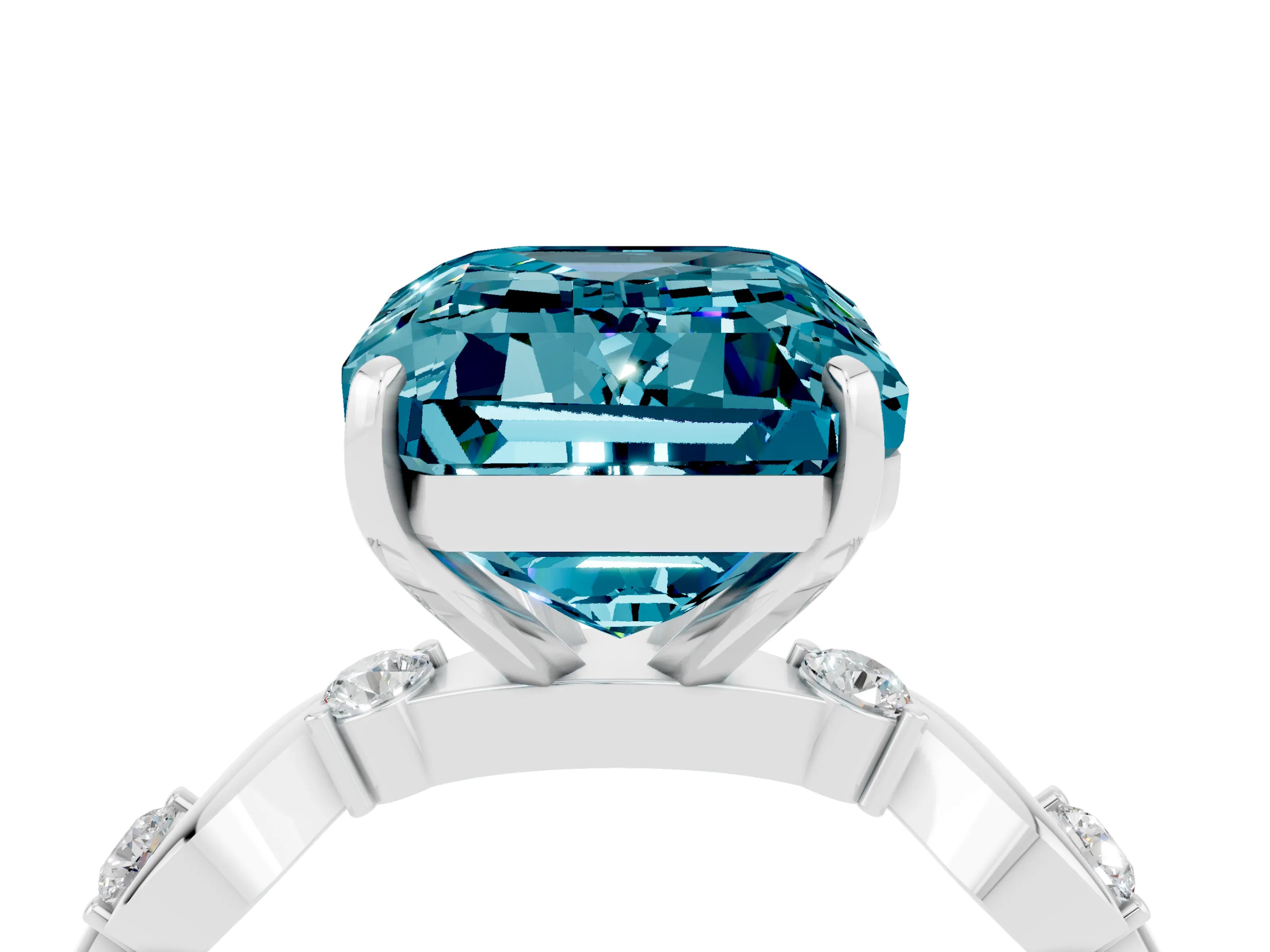 White gold Emerald Cut Blue Topaz Solitaire Twisted Band with Round  Accents and Prong Setting_16