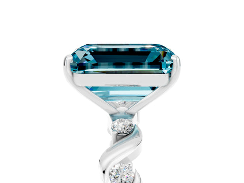 White gold Emerald Cut Blue Topaz Solitaire Twisted Band with Round  Accents and Prong Setting_17