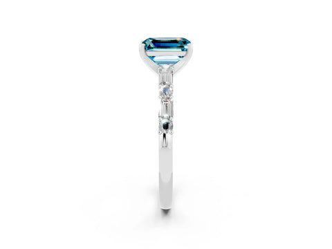 White gold Emerald Cut Blue Topaz Solitaire with Side Baguettes and Channel Set Band_2